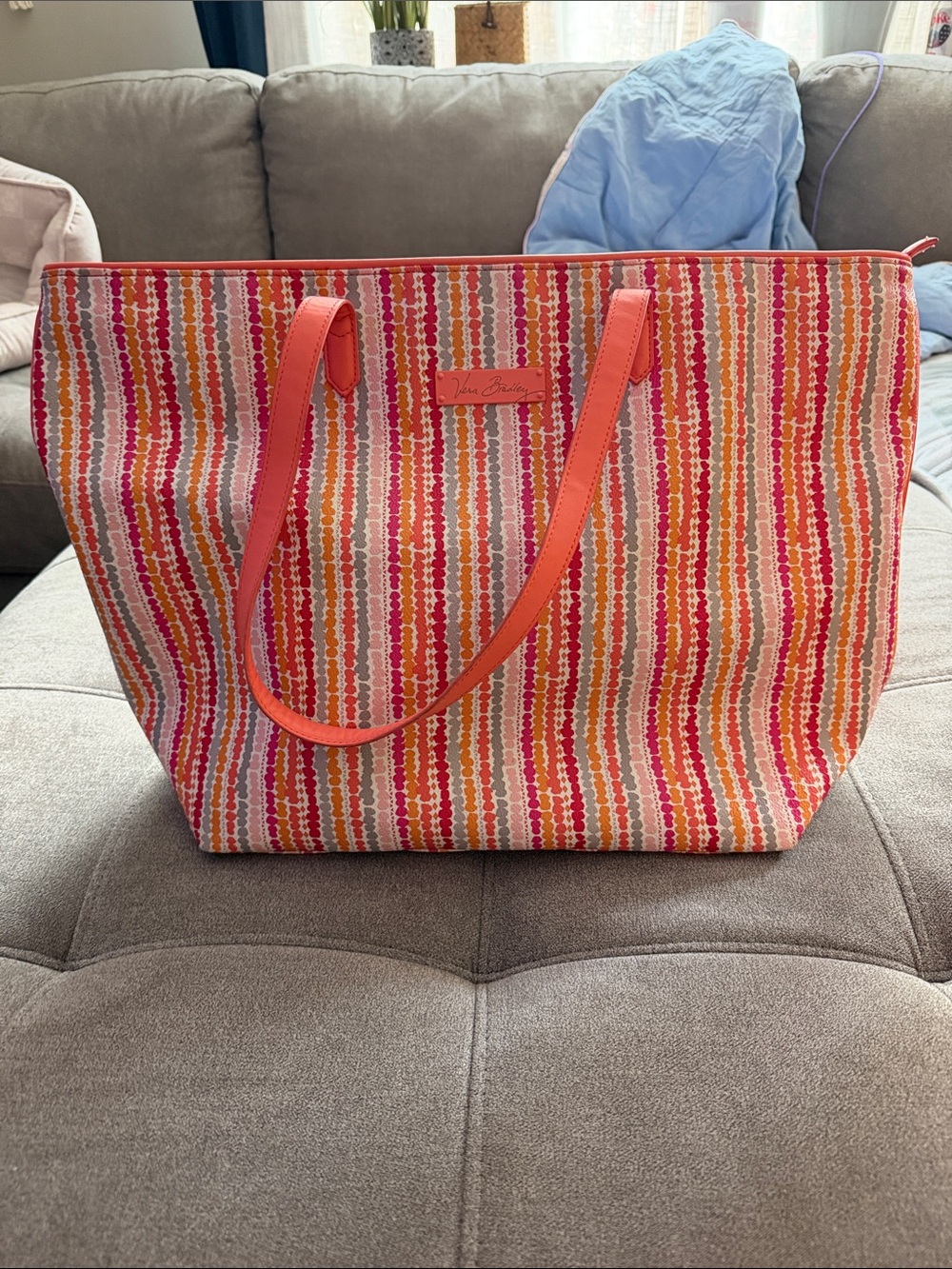 Vera Bradley Coral & Multicolor Stripe Canvas Tote